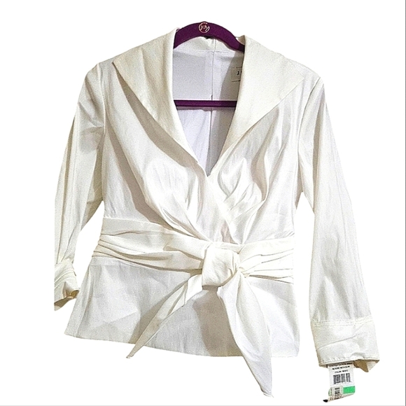 J.R. Nites by Caliendo white stretch traffeta wrap blouse with bow. Size 8. NWT - Picture 1 of 10